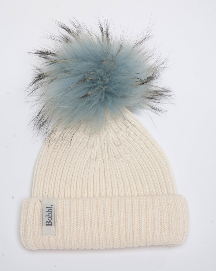 Cream Classic Hat with Duck Egg Blue Bobbl 