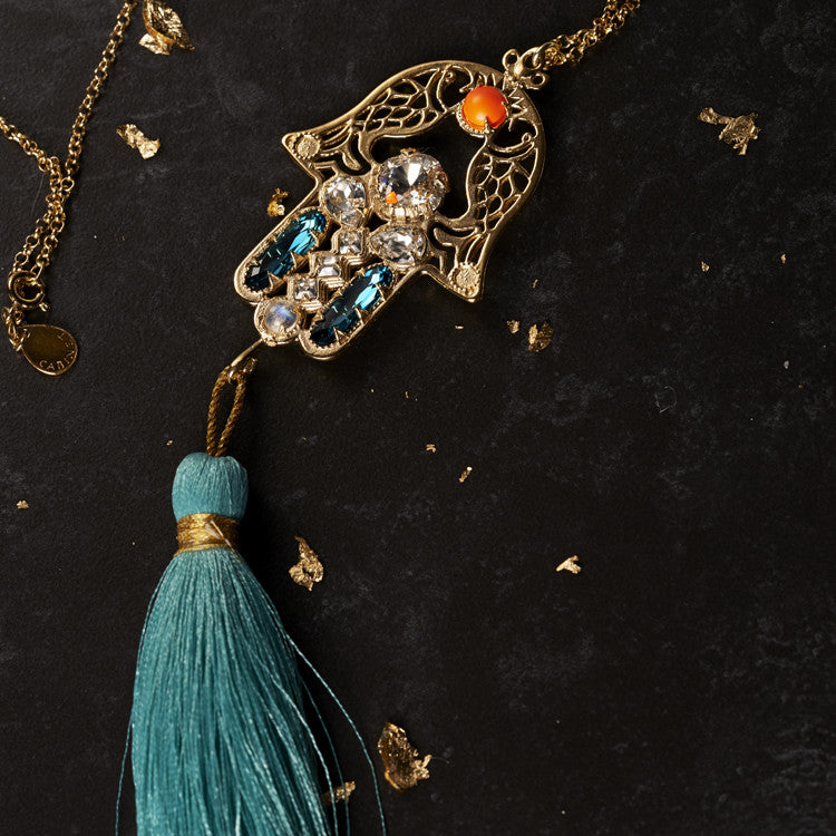Aqua Hamsa Necklace with Tassel Cabinet Studios